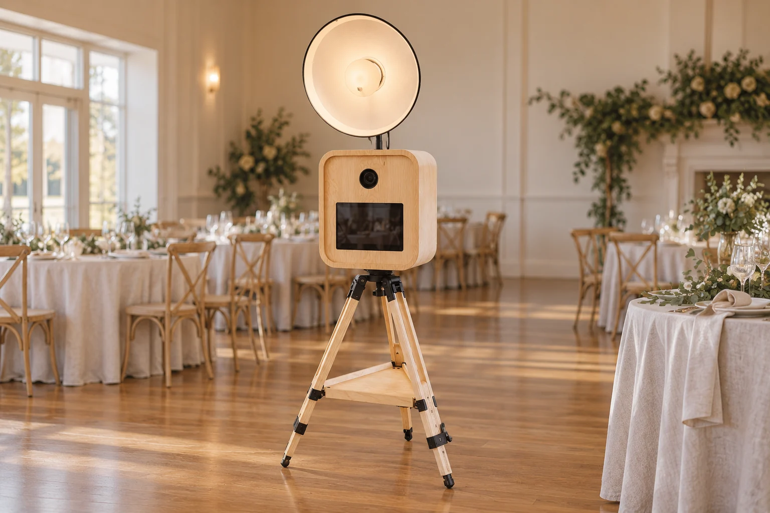 Light timber photo booth with a studio flash, touchscreen and wooden tripod
