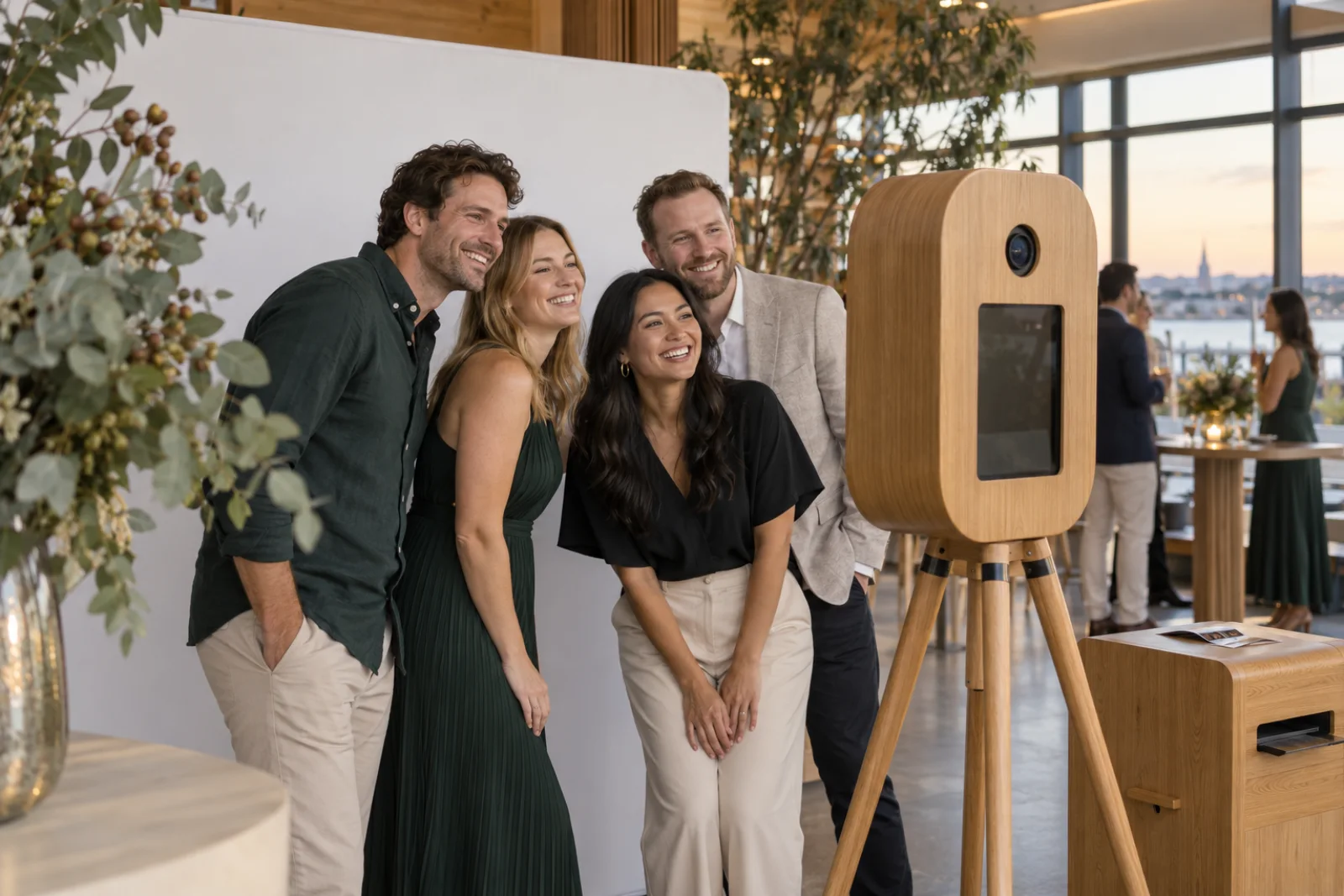Colleagues posing for a wooden photo booth
