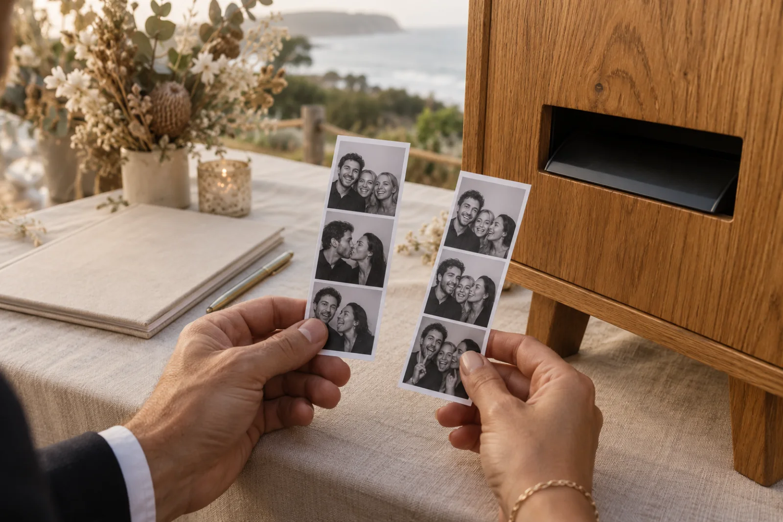 Freshly printed photo strips beside a wooden printer and guest book