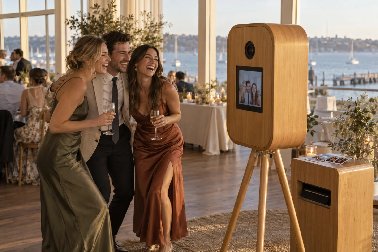 Friends laughing at a wooden photo booth in a coastal reception room