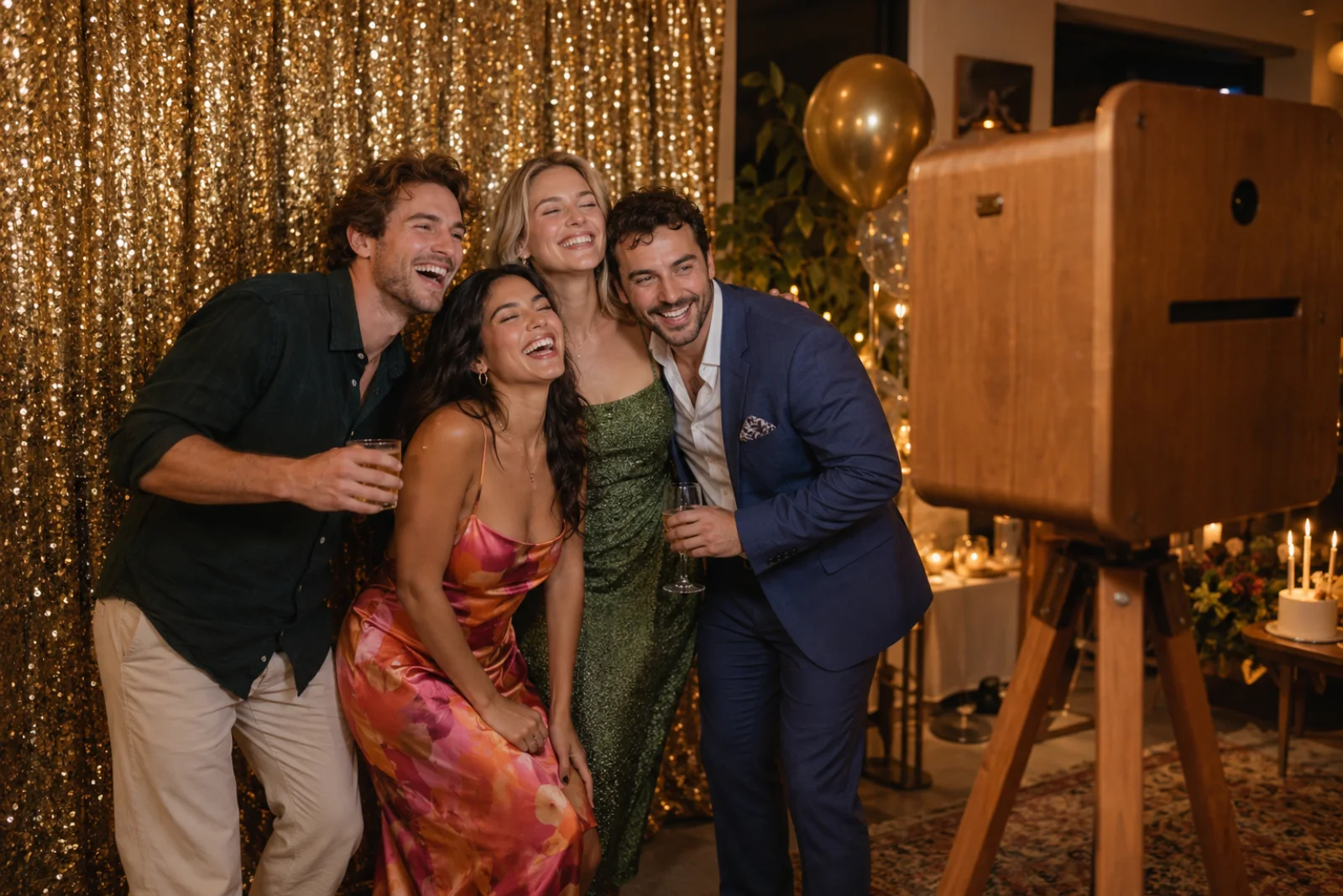 Friends at a birthday photo booth with a gold backdrop