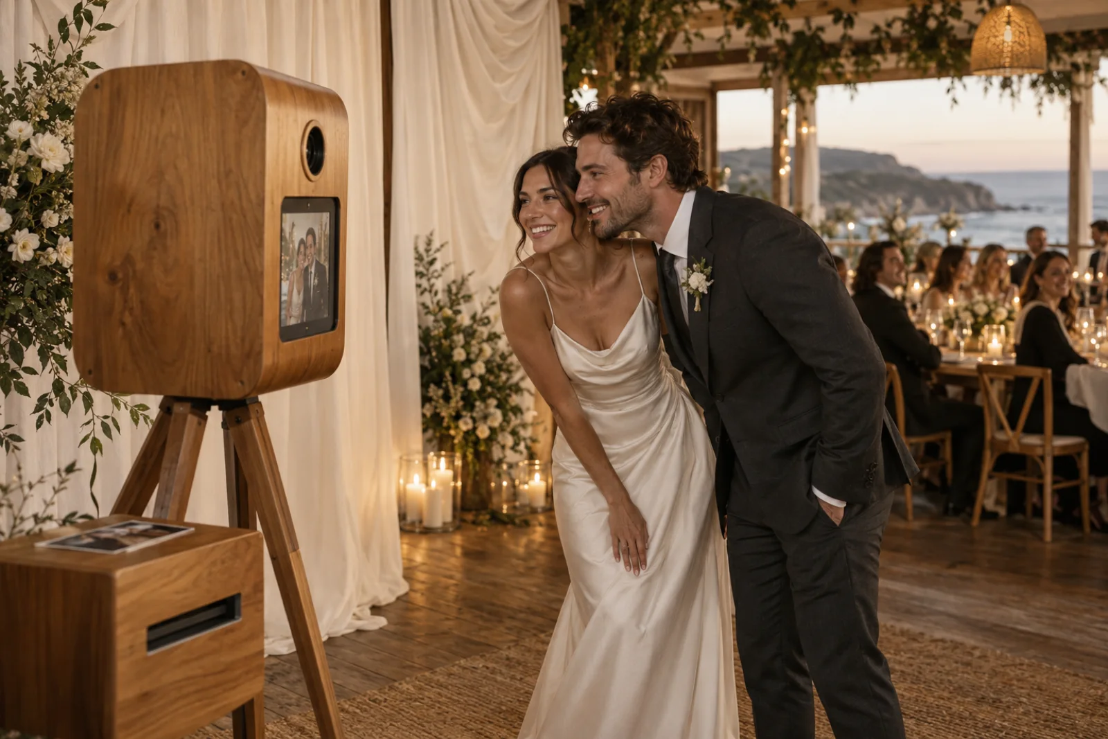 A couple beside a timber photo booth at a wedding